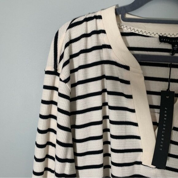 NEW Jane & Delancey Long Sleeve Striped Henley Black and Cream Women's Top - Picture 3 of 10